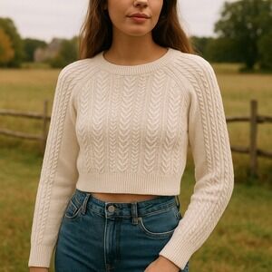 Very Truly Yours Women's‎ L White Cable Knit Cropped Sweater Preppy Cottagecore